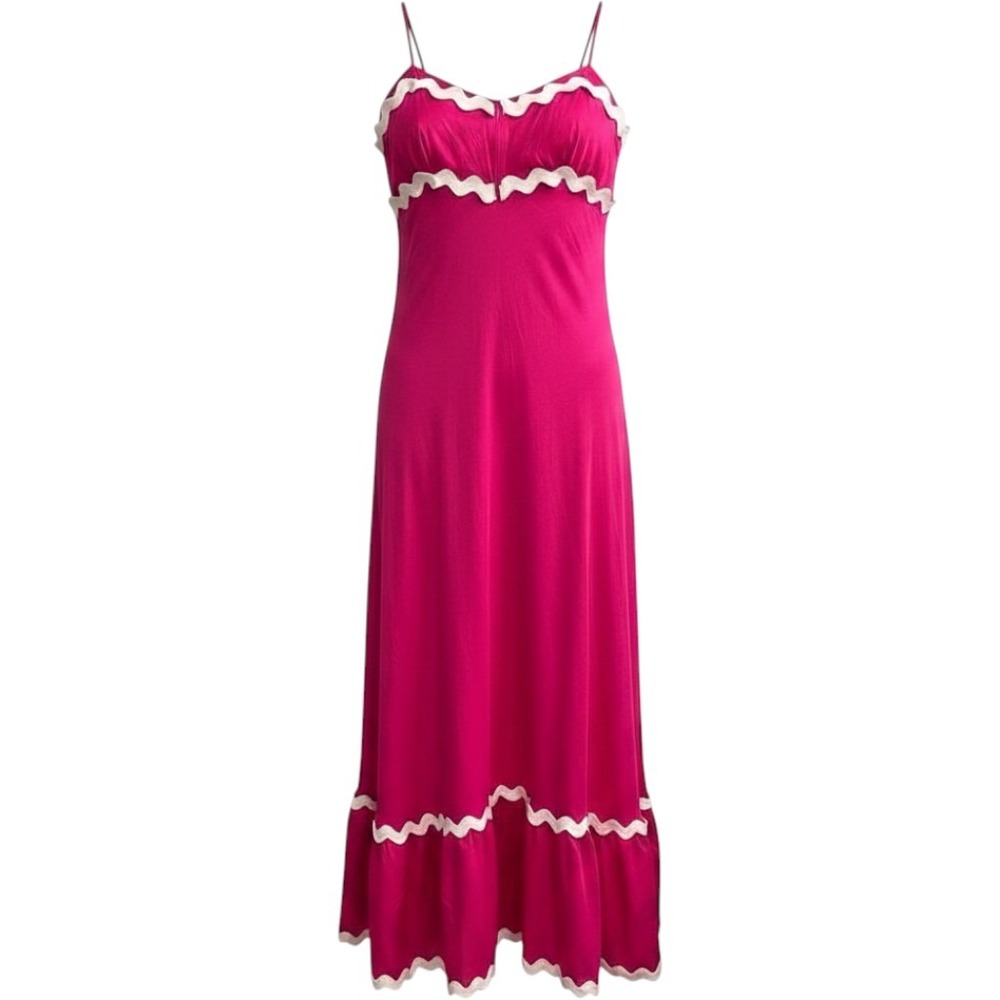 Sweet Generis Dress Pink Tiered Maxi Size L White Scallop Trim Resort Vacation